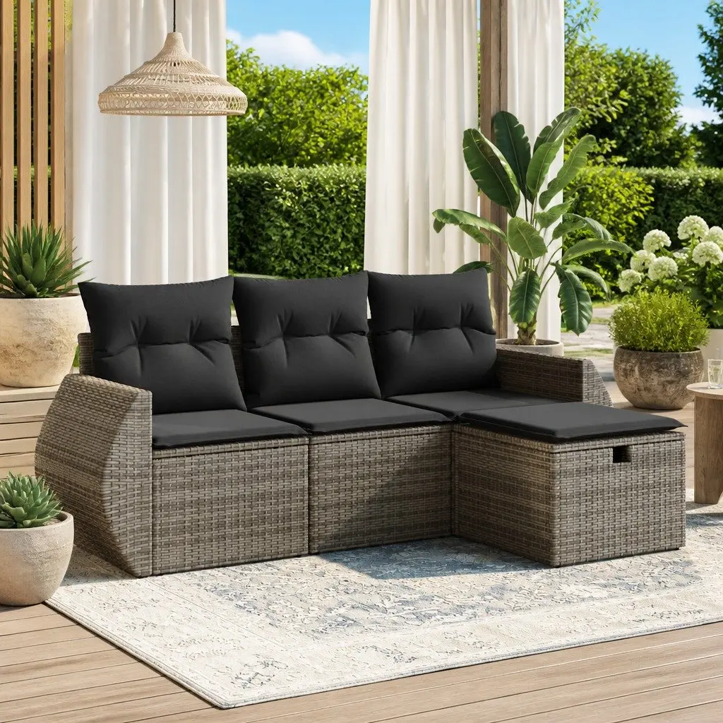 4 Piece Garden Sofa Set Grey Poly Rattan Outdoor Furniture with Cushions for Patio