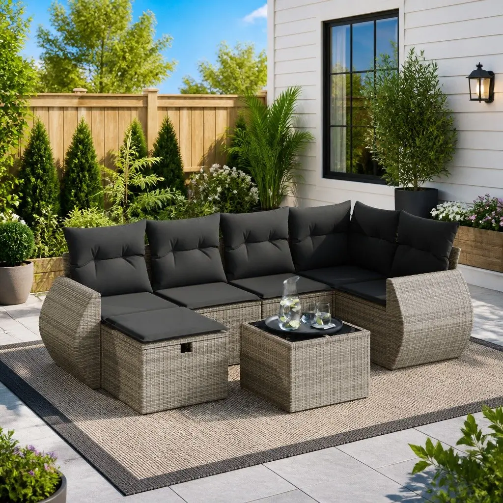 Garden Sofa Set 7 Piece Outdoor Furniture Patio Lounger Grey Poly Rattan
