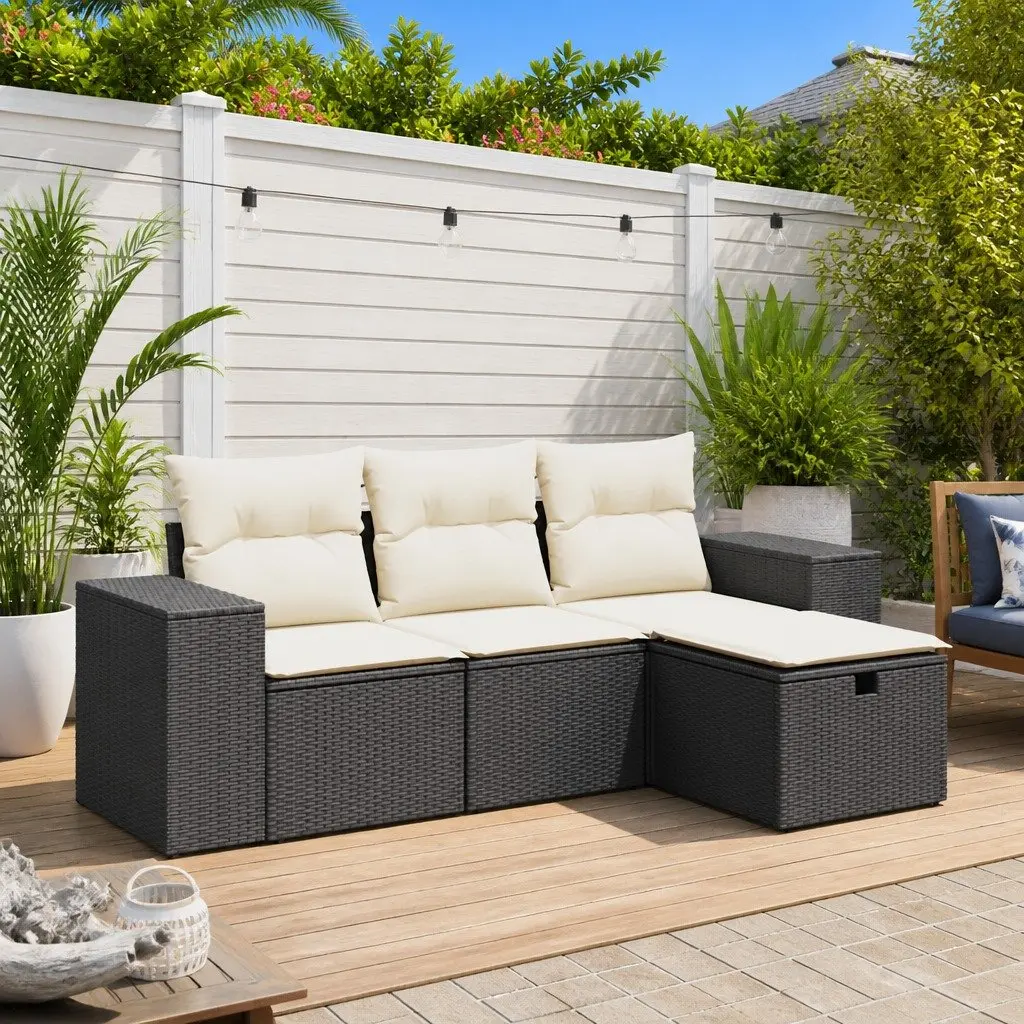 Garden Sofa Set Outdoor Furniture 4 Piece Black Poly Rattan Modular Patio Lounge