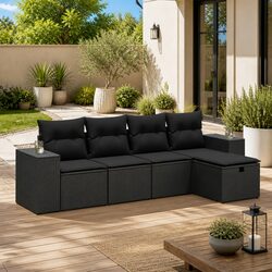 5 Piece Modular Black PE Rattan Garden Sofa Set