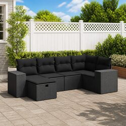Garden Sofa Set 6 Piece Outdoor Furniture Black Poly Rattan Modular with Storage