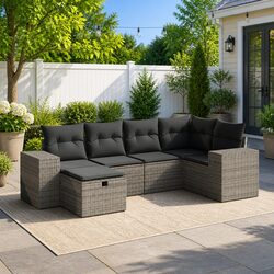 Garden Sofa Set 6 Pieces – Grey PE Rattan Modular Design