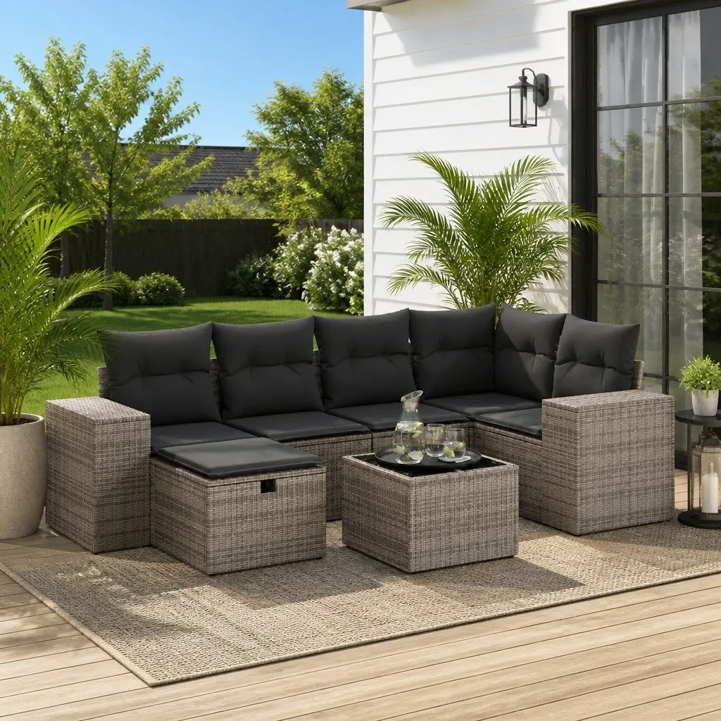 7 Piece Outdoor Garden Sofa Set for Patio Grey Poly Rattan with Cushions