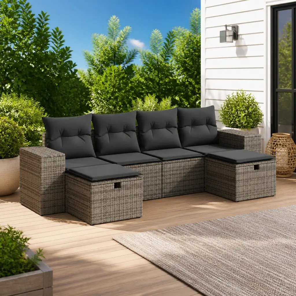 Garden Sofa Set 6 Piece Outdoor Furniture with Cushions Storage Bag Grey Rattan