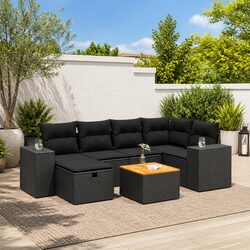 7 Piece Outdoor Garden Sofa Set with Storage Cushions Black Poly Rattan Patio