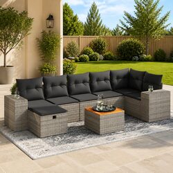 8-Piece Modular Garden Sofa Set Grey PE Rattan Furniture