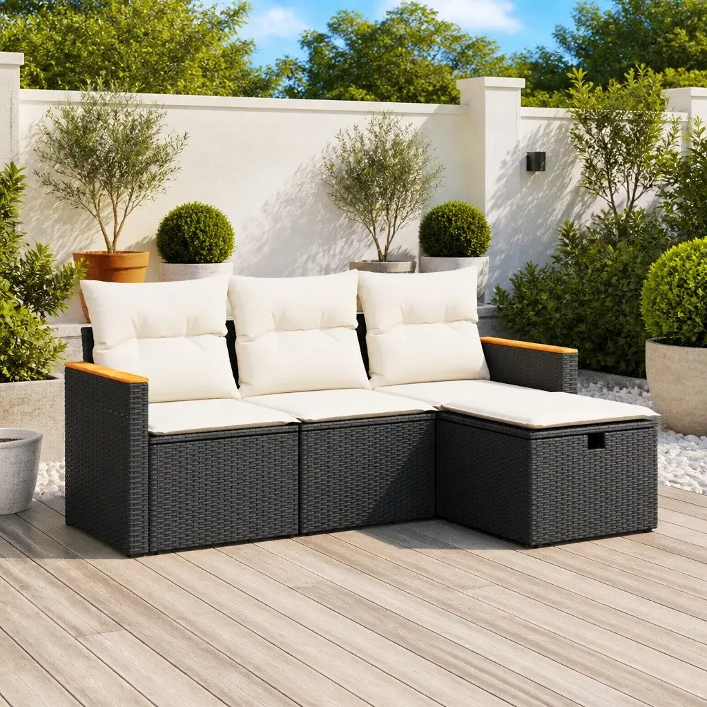 Garden Sofa Set Outdoor Furniture 4 Piece Black Poly Rattan with Cushions