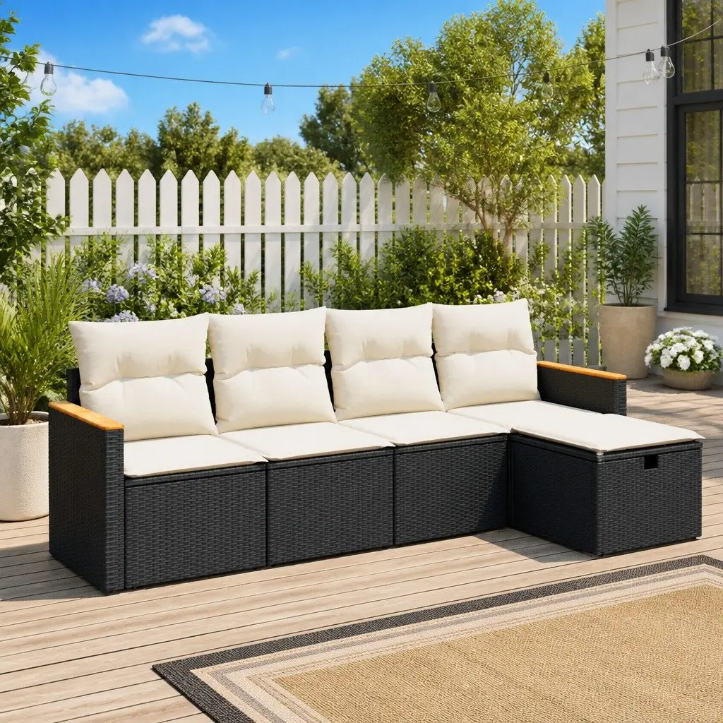 Garden Sofa Set 5 Piece Outdoor Furniture Black Poly Rattan Patio Lounge