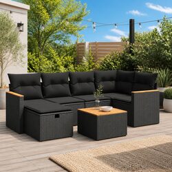 7 Piece Garden Sofa Set Specs: Black PE Rattan Furniture