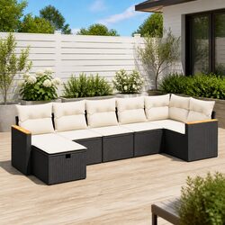 Garden Sofa Set 7 Piece Outdoor Patio Furniture with Cushions Black Poly Rattan
