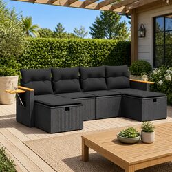 Garden Sofa Set: 6 Pieces of Black Poly Rattan Comfort