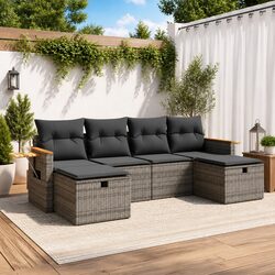 Garden Sofa Set 6 Piece Outdoor Furniture Grey Poly Rattan with Storage Cushions