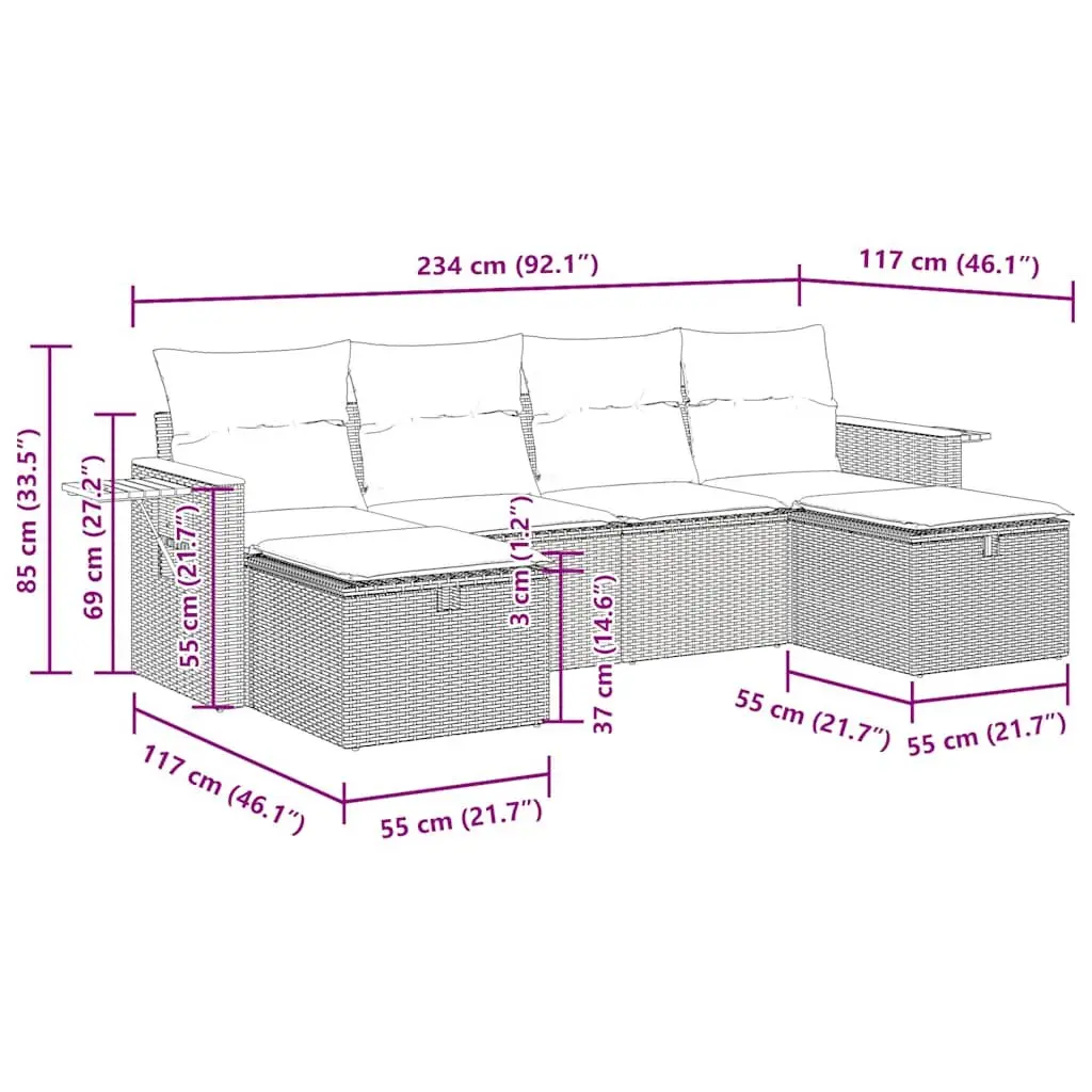 Garden Sofa Set 6 Piece Outdoor Use Grey Poly Rattan with Storage Cushions