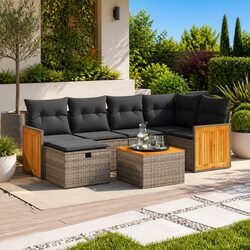 7 Piece Outdoor Sofa Set Specifications: Grey Rattan and Wood