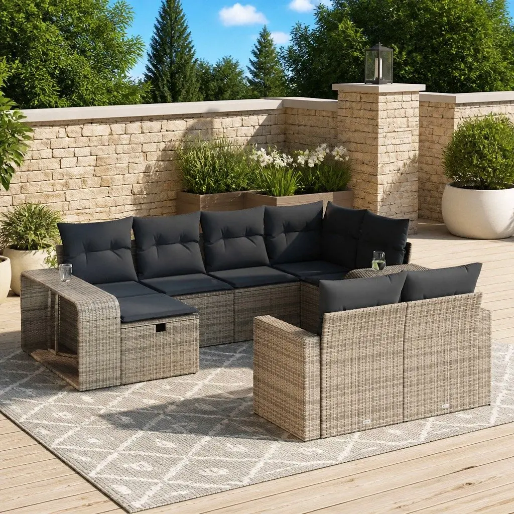 10 Piece Outdoor Furniture Set Grey Poly Rattan Patio Lounge Garden Sofa with Storage Compartments and Removable Cushion Covers