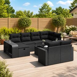 Garden Sofa Set - 11 Pieces, Black Poly Rattan & Glass