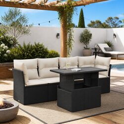 Outdoor Garden Sofa Set 5 Piece Black Poly Rattan Patio Furniture with Cushions