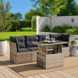 5 Piece Outdoor Sofa Set: Grey Poly Rattan with Cushions