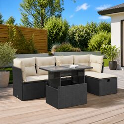 6 Piece Garden Sofa Set with Cushions Black Poly Rattan Outdoor Furniture Patio