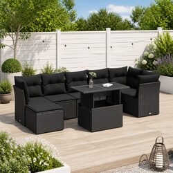 8-Piece Outdoor Furniture Set: Black Poly Rattan with Cushions