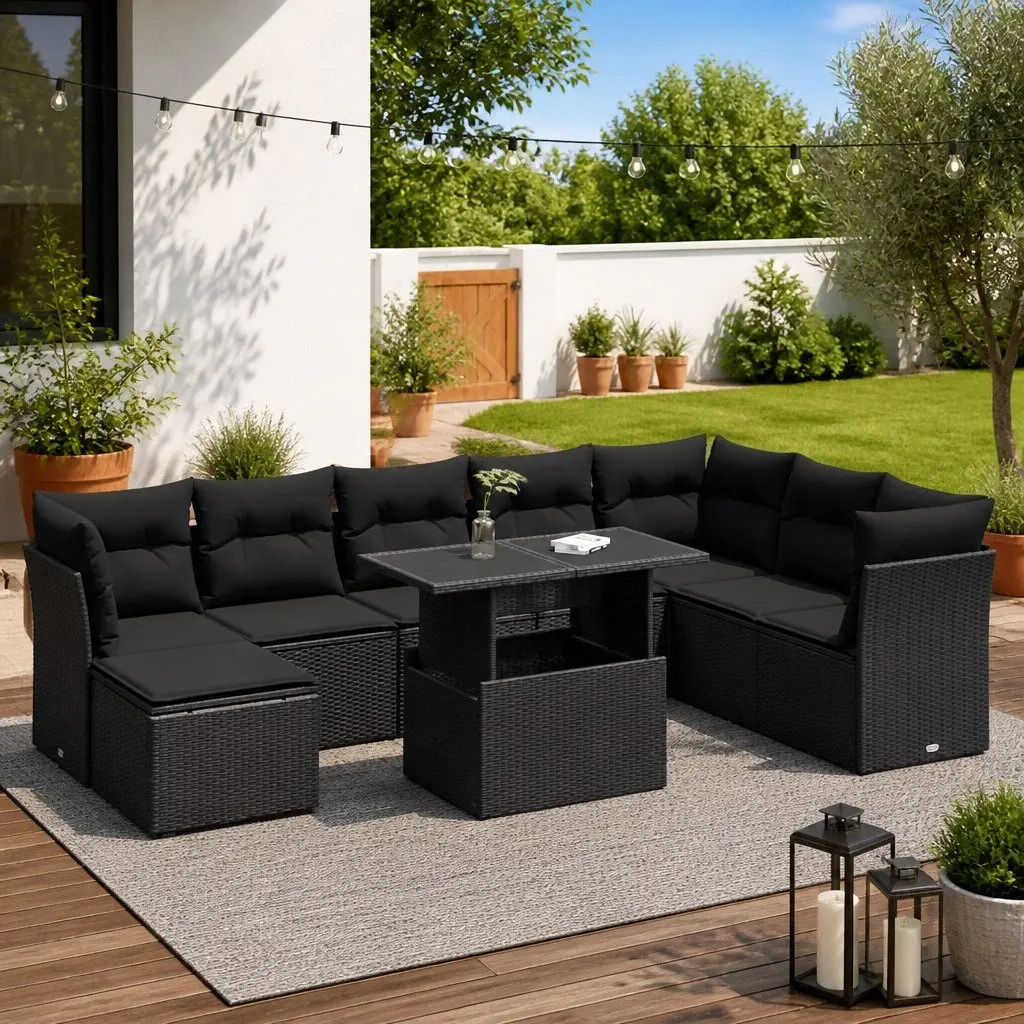 9 Piece Outdoor Black Rattan Patio Sofa Set for Garden Lounge with Adjustable Table and Storage Compartments