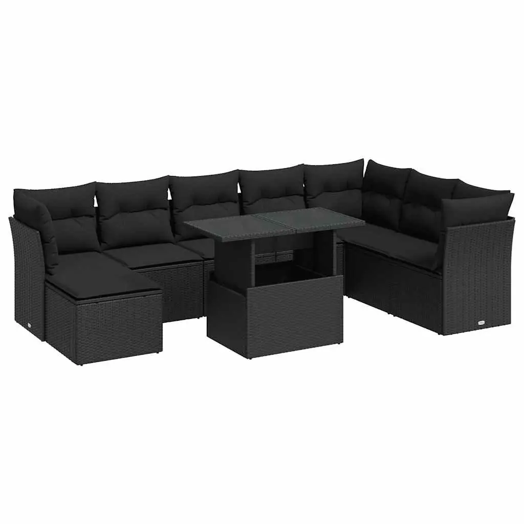 9 Piece Outdoor Black Rattan Patio Sofa Set for Garden Lounge with Adjustable Table and Storage Compartments