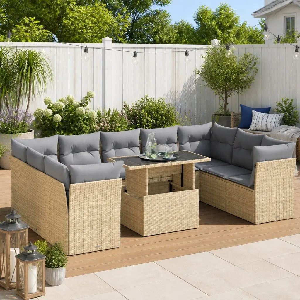 Garden Sofa Set Outdoor Furniture 10 Piece Beige Poly Rattan Patio Seating