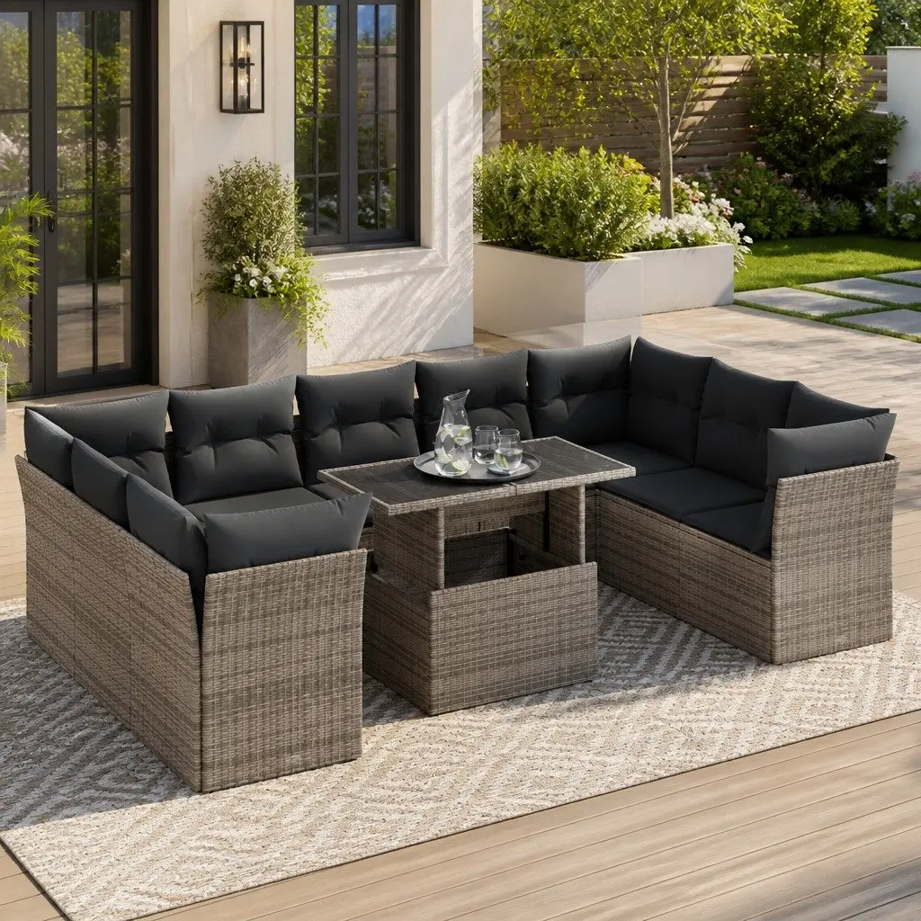Garden Sofa Set 10 Piece Outdoor Furniture Grey Poly Rattan Patio with Storage