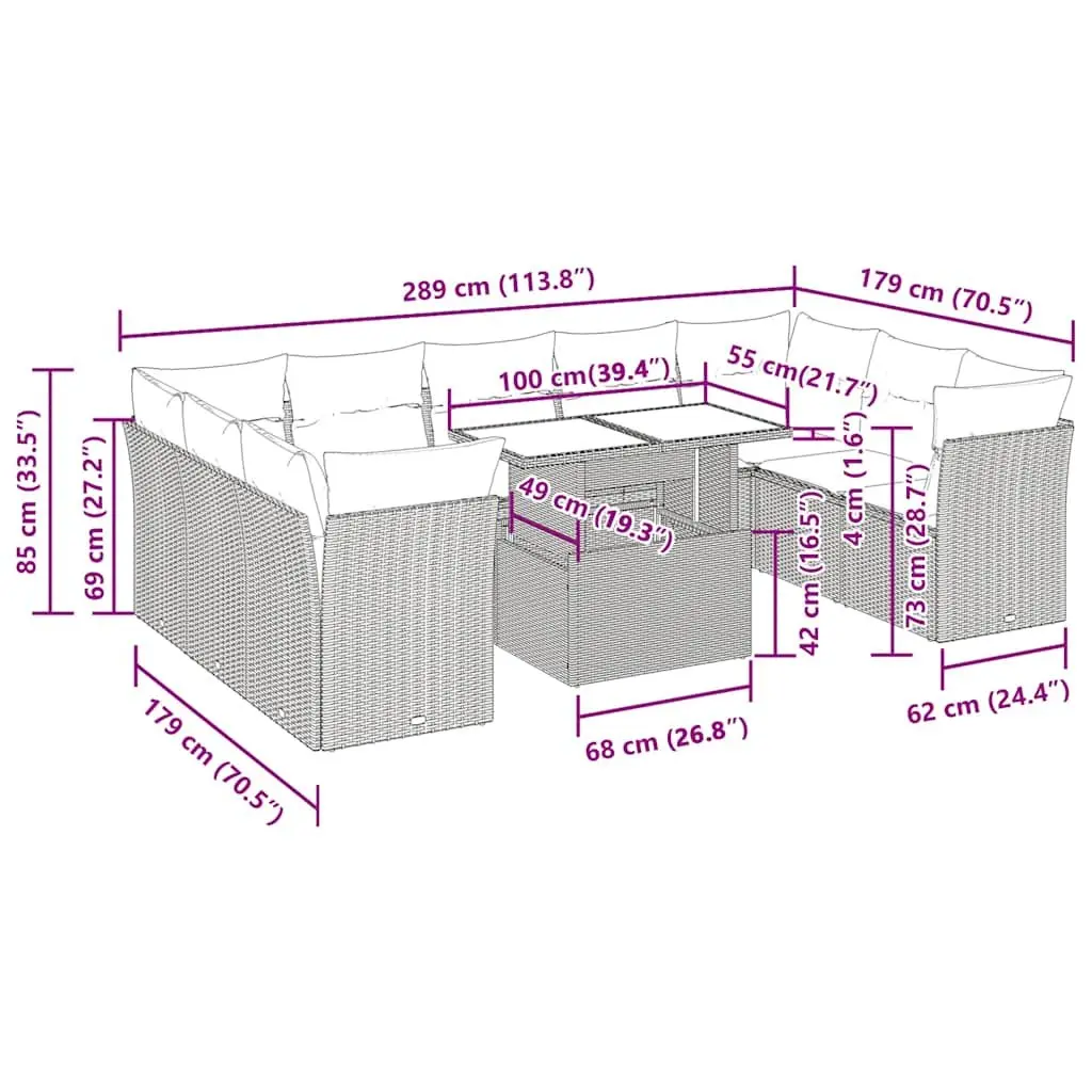 Garden Sofa Set 10 Piece Outdoor Furniture Grey Poly Rattan Patio with Storage