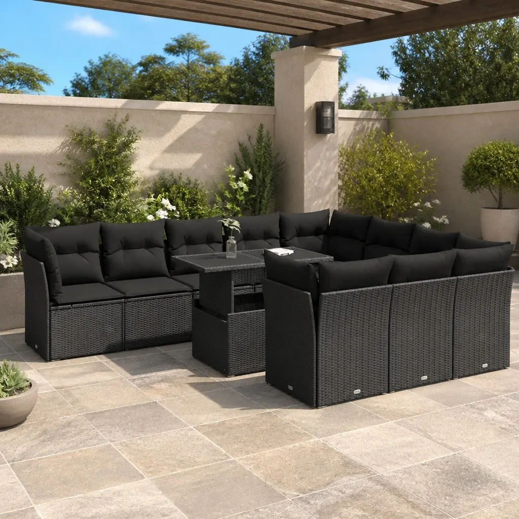 11PiecePatioSofaSetBlackPolyRattanOutdoorFurnitureComfortableSectional