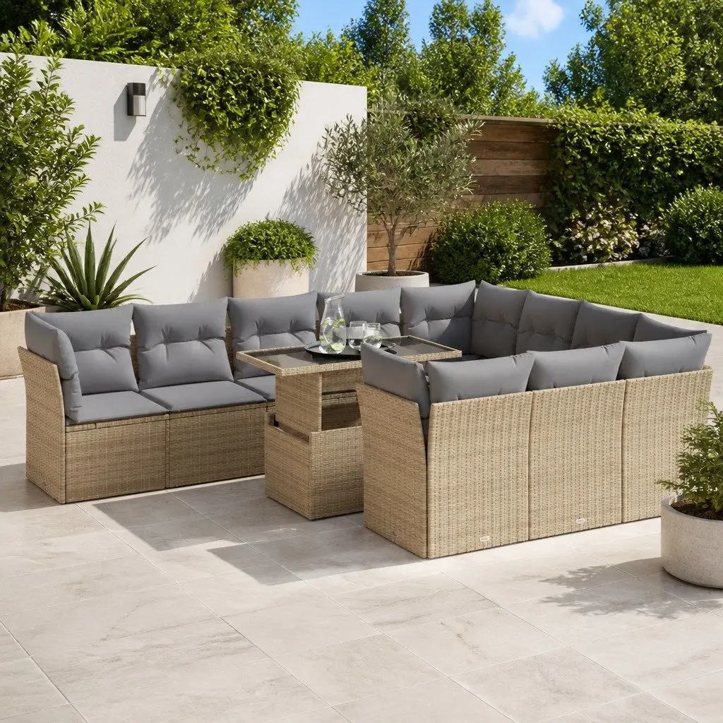 Garden Sofa Set Outdoor Furniture 11 Piece Beige Poly Rattan Patio Seating