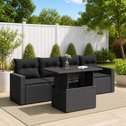5-Piece Garden Sofa Set with Cushions - Black Rattan
