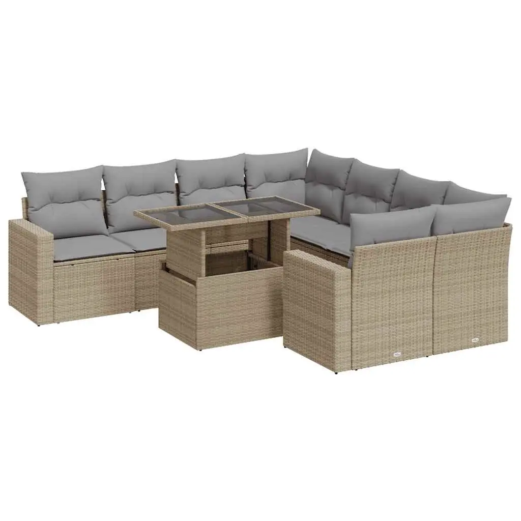 Outdoor Furniture Set 9 Piece Patio Sofa Beige Poly Rattan with Adjustable Tabletop and Storage