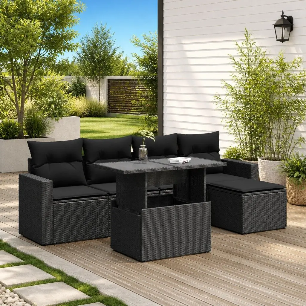 6-Piece Black Rattan Garden Sofa Set