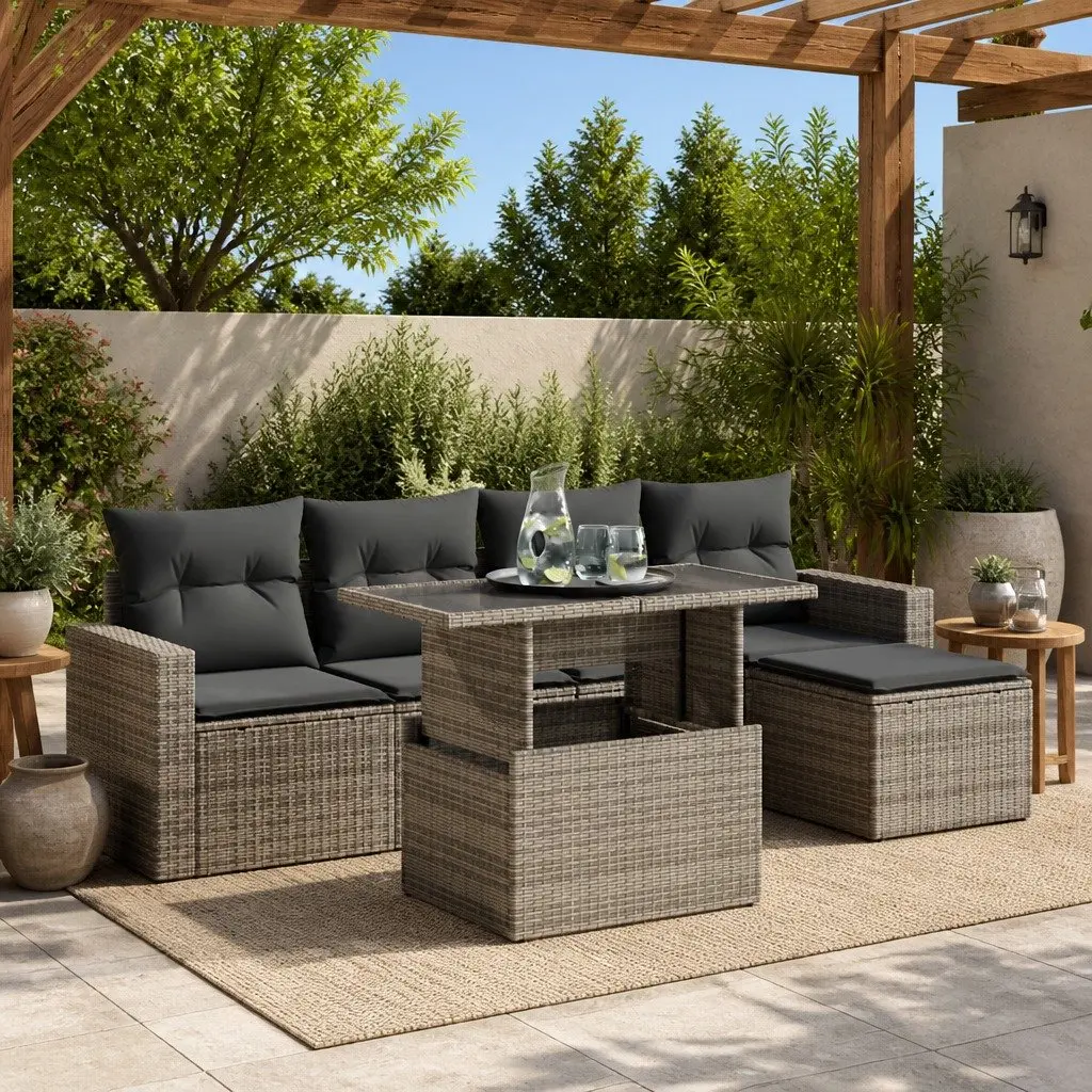 Garden Sofa Set 6 Piece Outdoor Furniture Grey Poly Rattan with Storage Cushions