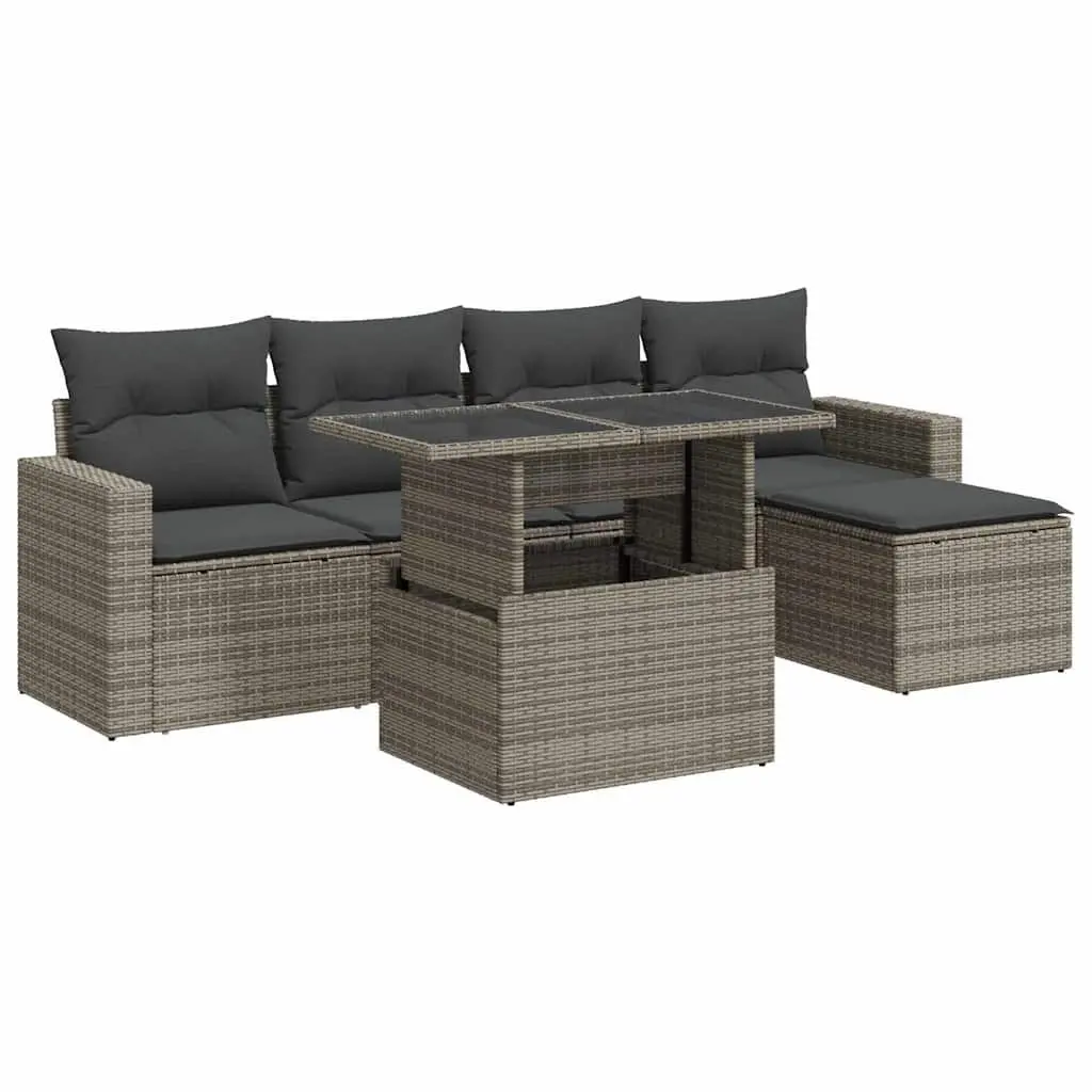 Garden Sofa Set 6 Piece Outdoor Furniture Grey Poly Rattan with Storage Cushions