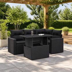 5 Piece Garden Sofa Set: Black Rattan Outdoor Furniture