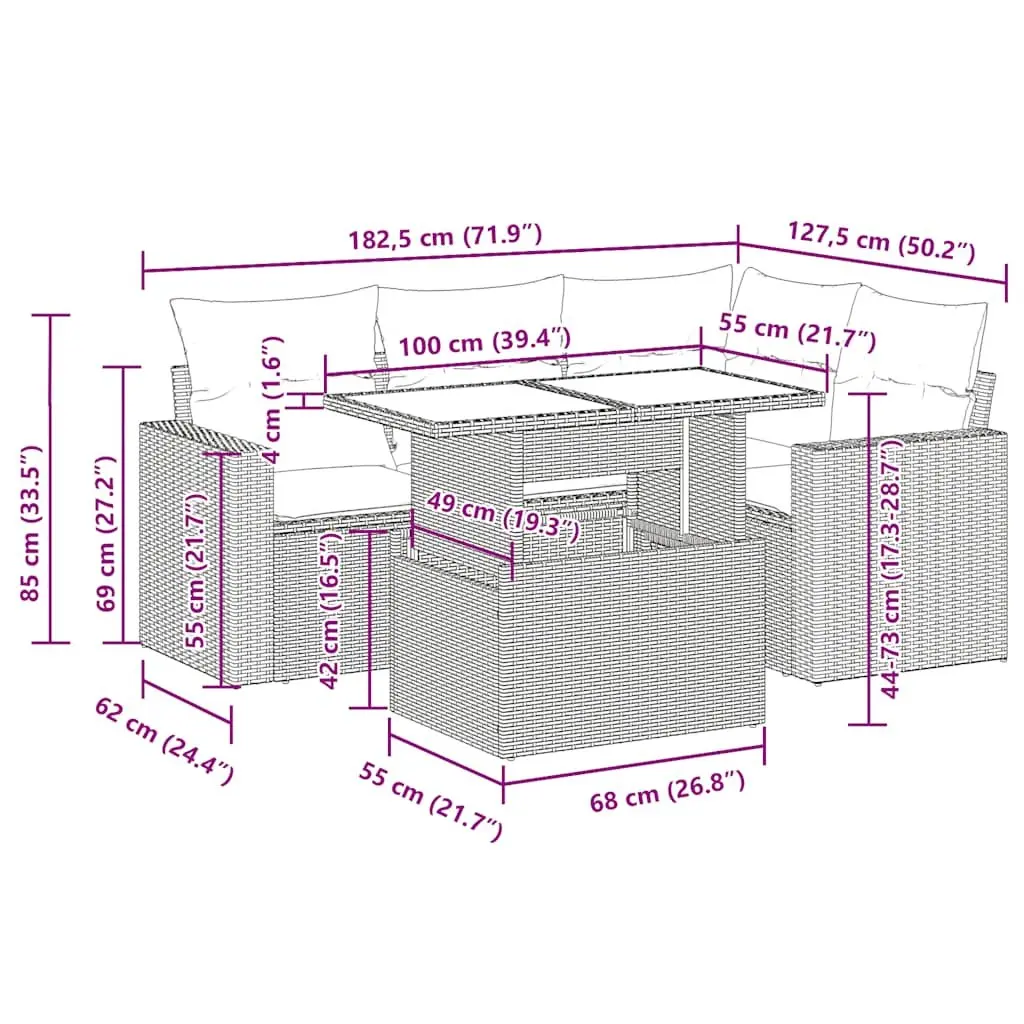 5-Piece Garden Sofa Set with Adjustable Table