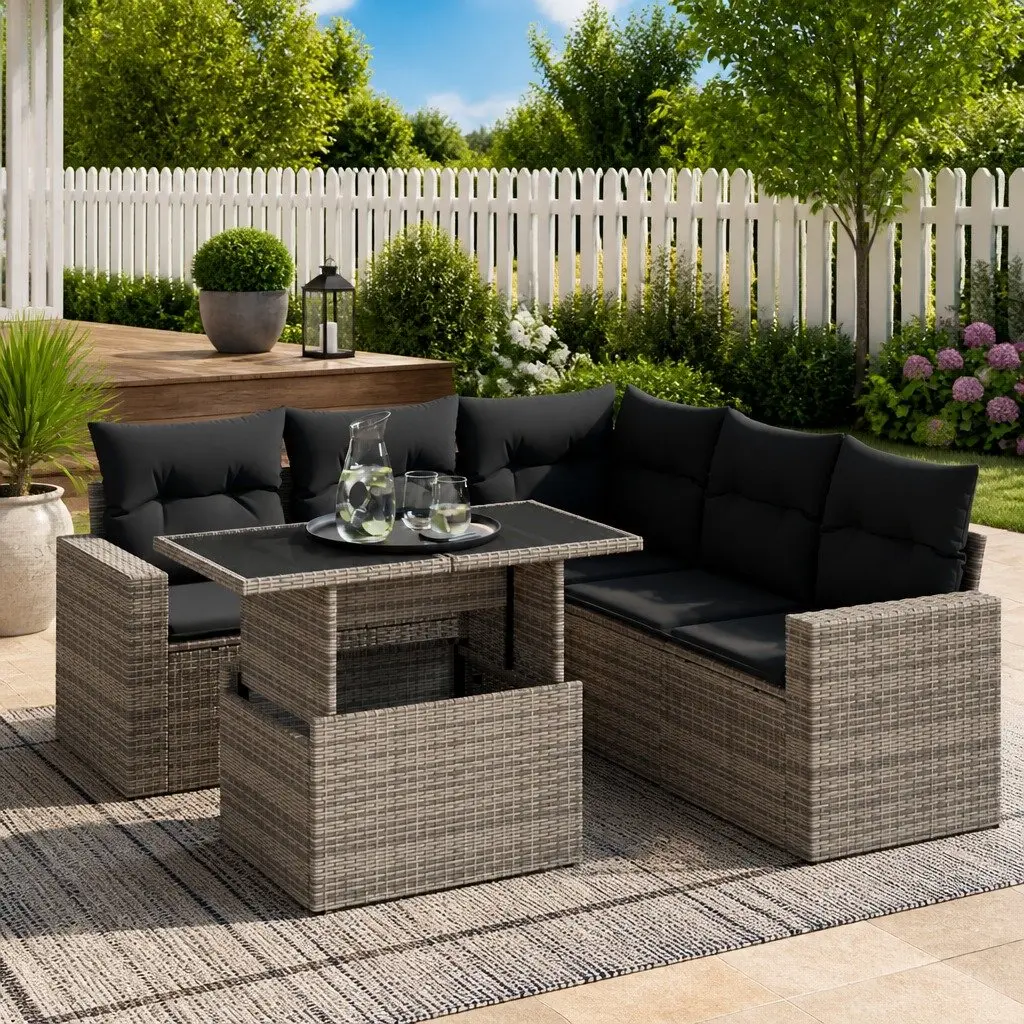 Outdoor Furniture Set 6 Piece Grey Poly Rattan Garden Sofa with Adjustable Table and Storage Bags for Patio Relaxation