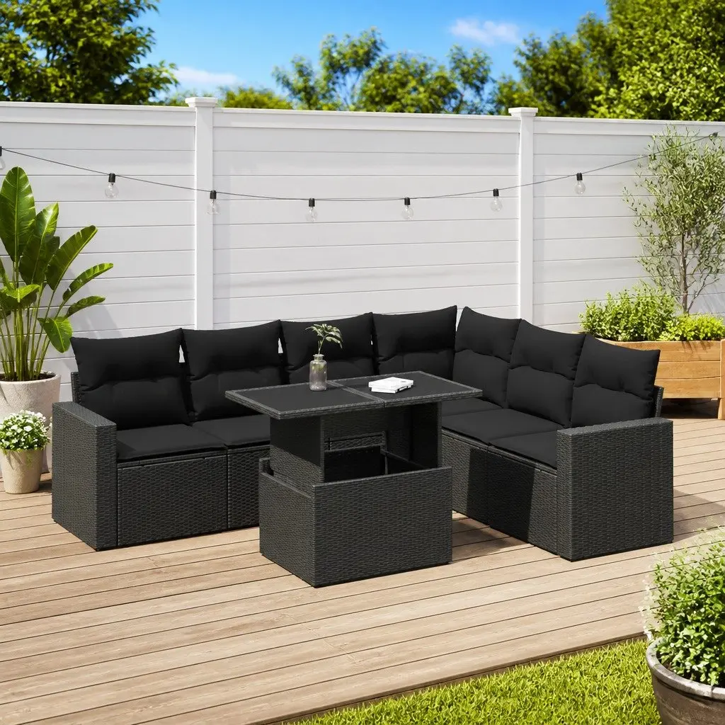 7 Piece Outdoor Garden Sofa Set for Patio Black Poly Rattan Furniture with Storage