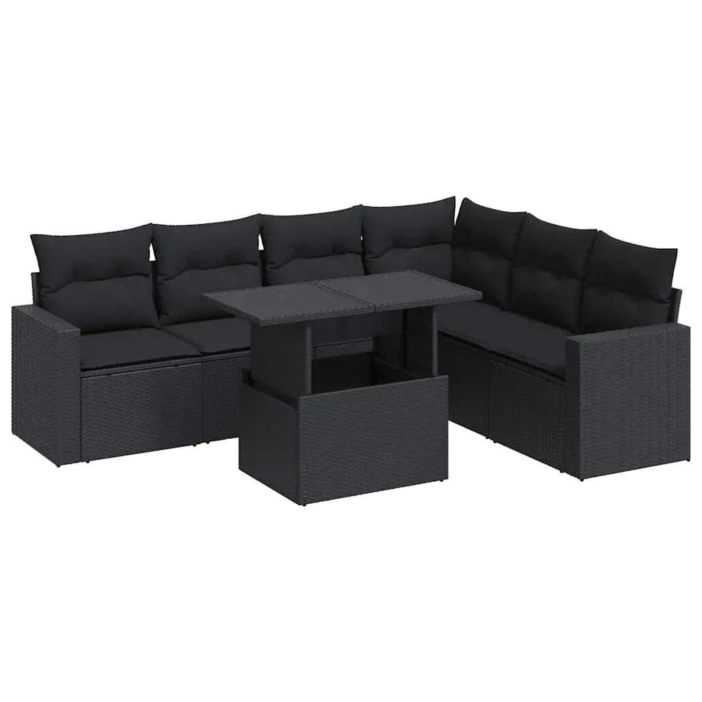 7 Piece Outdoor Garden Sofa Set for Patio Black Poly Rattan Furniture with Storage