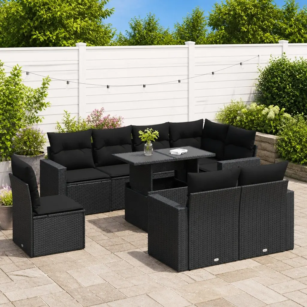 Garden Sofa Set Outdoor Patio Furniture 9 Piece Black Poly Rattan Cushions