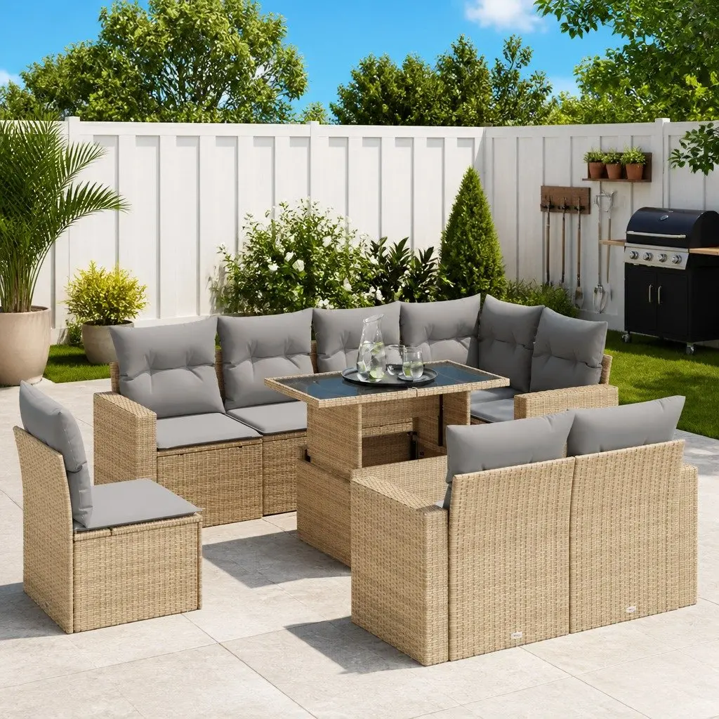 9 Piece Outdoor Garden Sofa Set for Patio with Storage Cushions Beige