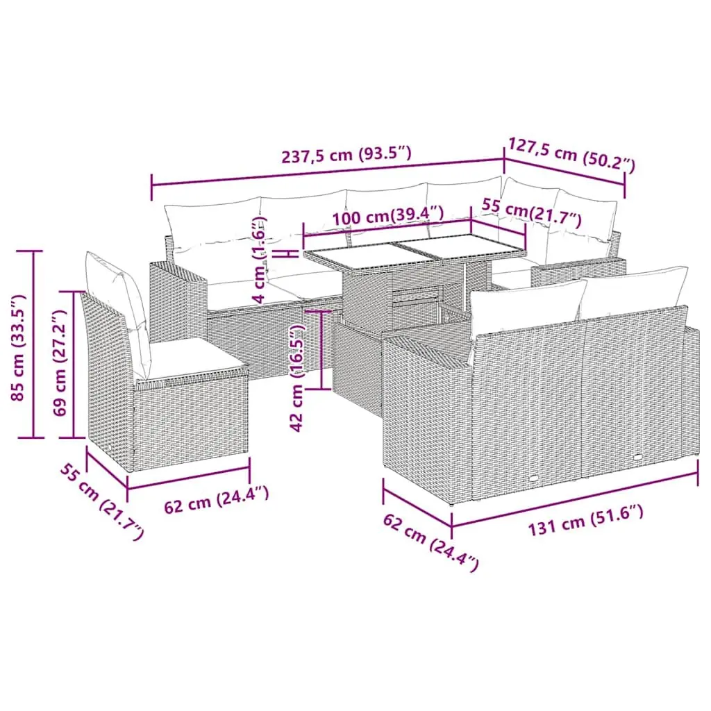 9 Piece Outdoor Garden Sofa Set for Patio with Storage Cushions Beige