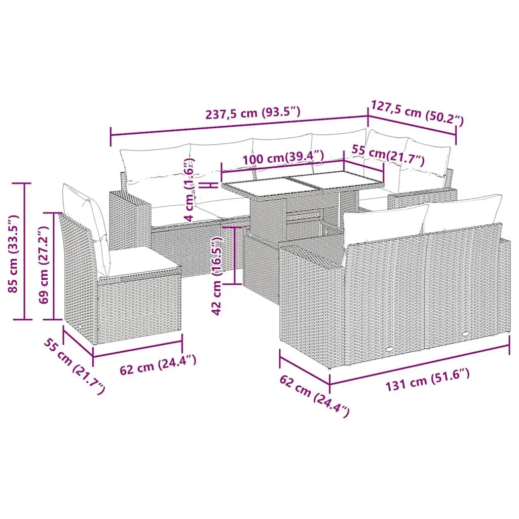 Garden Sofa Set 9 Piece Outdoor Furniture Grey Poly Rattan Patio Lounge Seating