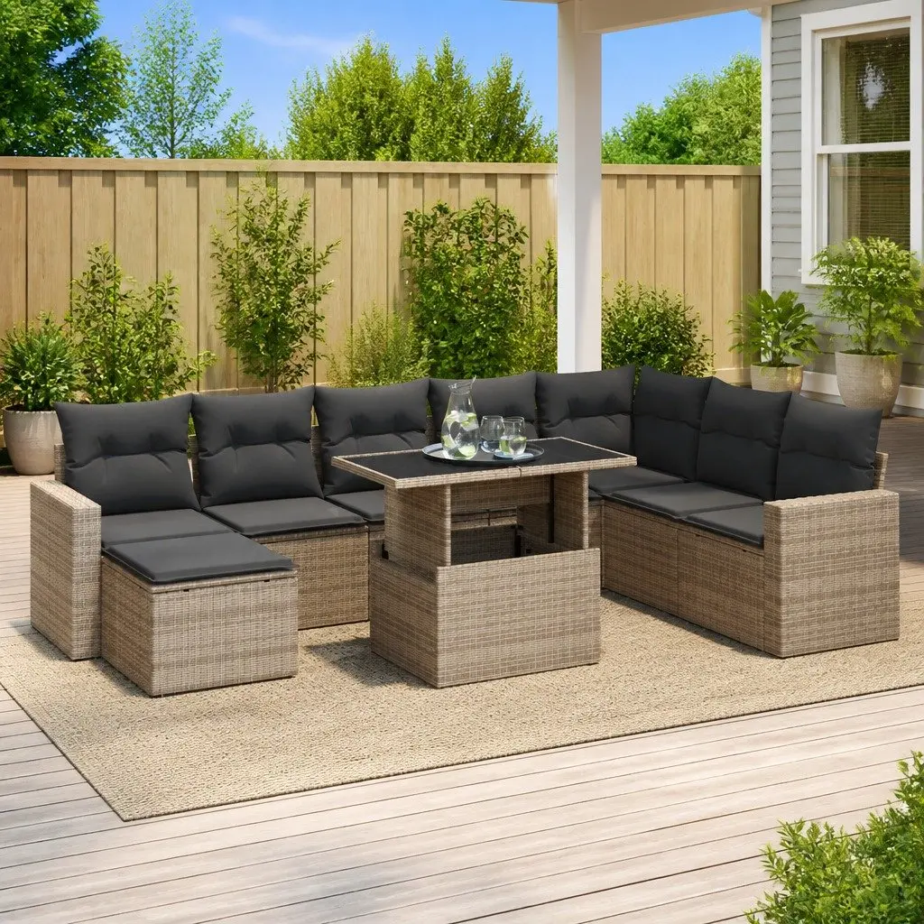 9 Piece Grey Poly Rattan Outdoor Furniture Sofa Set for Patio and Garden Use with Adjustable Table and Storage Function