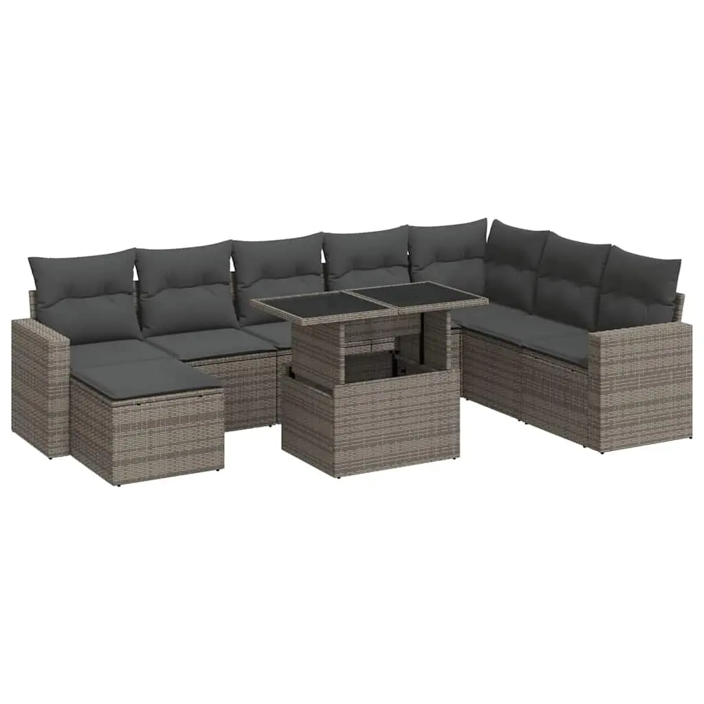 9 Piece Grey Poly Rattan Outdoor Furniture Sofa Set for Patio and Garden Use with Adjustable Table and Storage Function