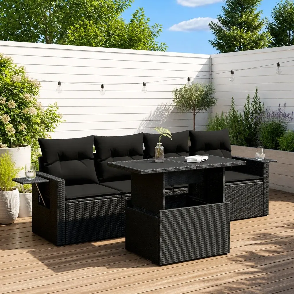 5 Piece Outdoor Garden Sofa Set for Patio Black Poly Rattan