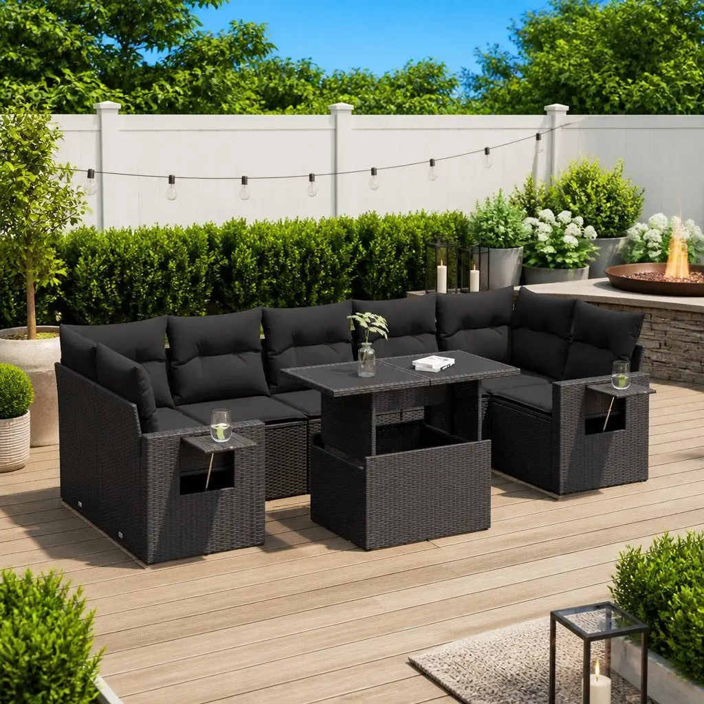 Garden Sofa Set 8 Piece Outdoor Furniture Patio Lounge Black Poly Rattan with