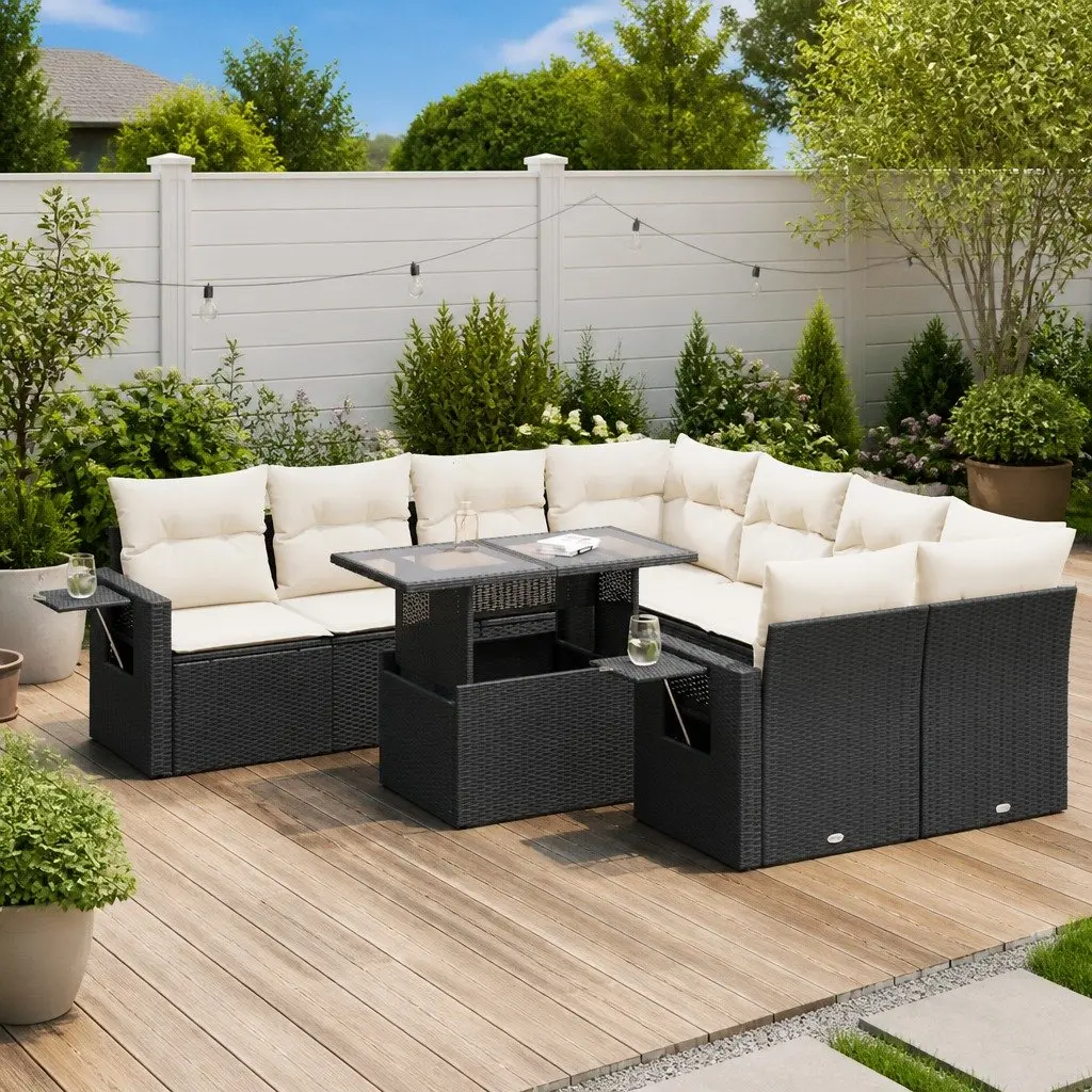 9 Piece Outdoor Garden Sofa Set for Patio Black Poly Rattan Furniture with Storage